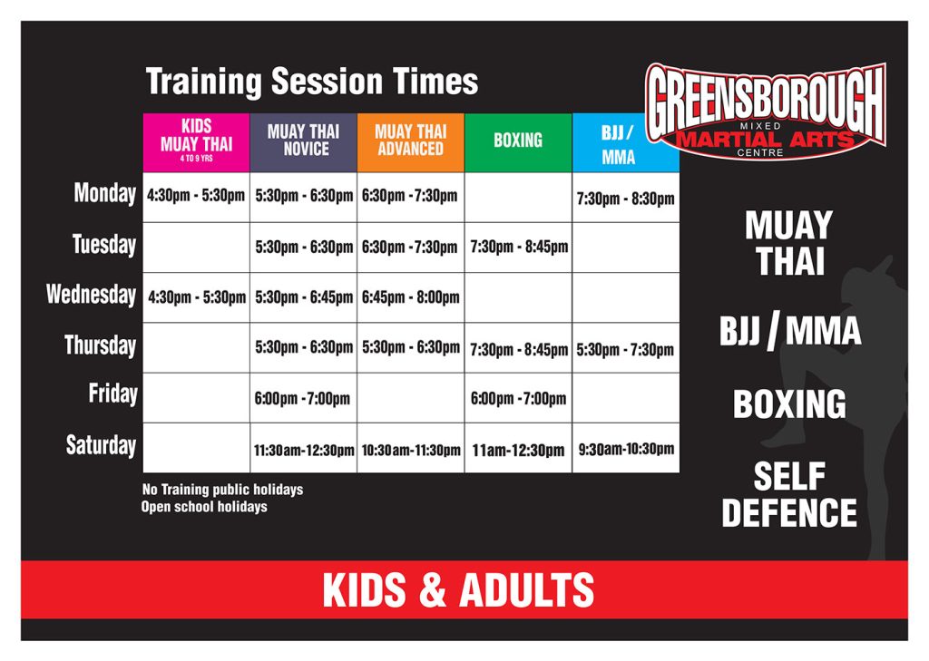 Table Mma Time Table - Greensborough Mixed Martial Arts